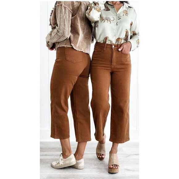 Judy Blue High Waisted Control Top Wide Cropped Jeans Camel - Picture 7 of 7